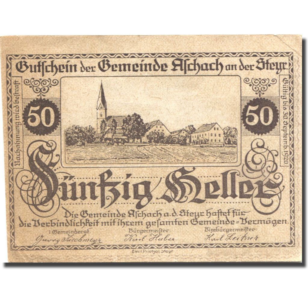 Banconote, Austria, Aschach a/d Steyr, 50 Heller, Eglise, 1920 SPL Mehl:FS 54b