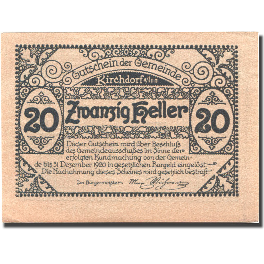Nota, Áustria, Kirchdorf a/Inn, 20 Heller, Eglise, 1920 UNC(63) Mehl:FS 444c