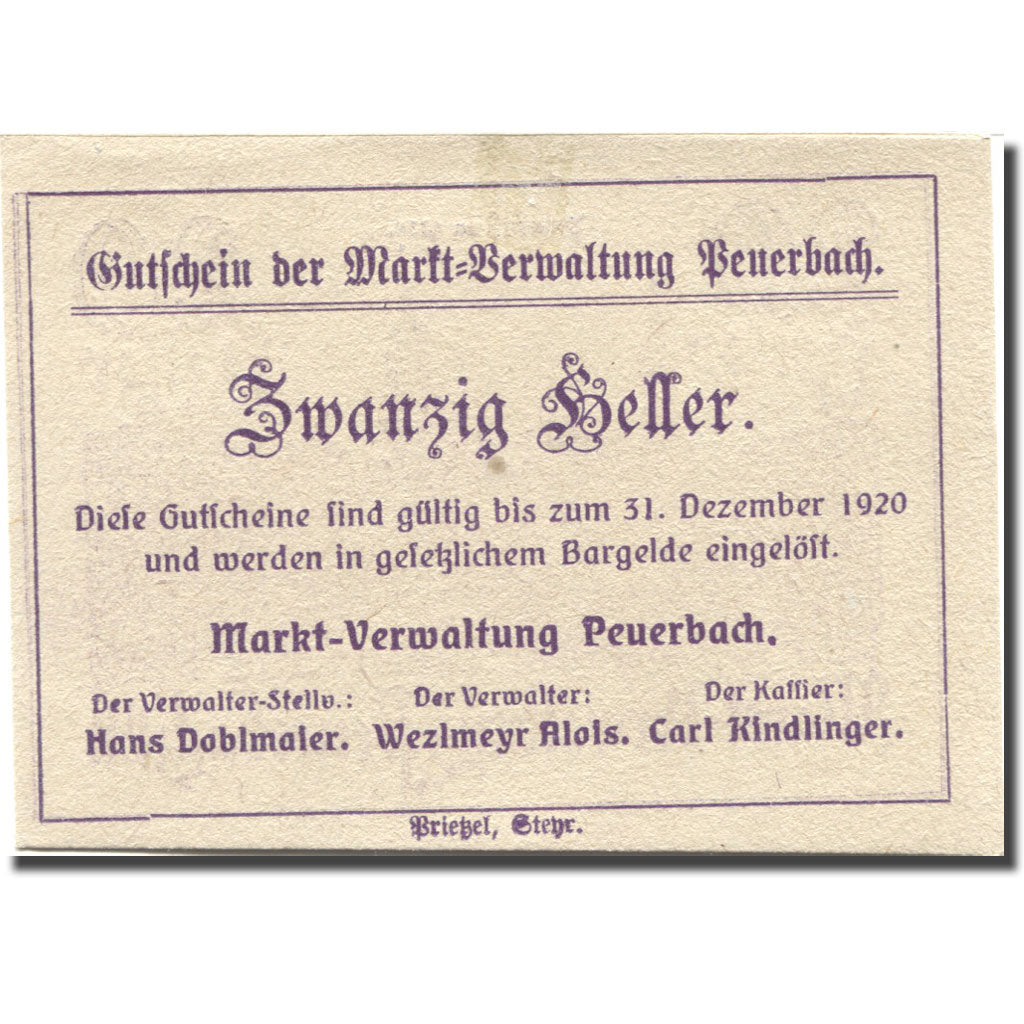 Banknote, Austria, Peuerbach, 20 Heller, village, 1920 UNC(60-62) Mehl:FS 742I