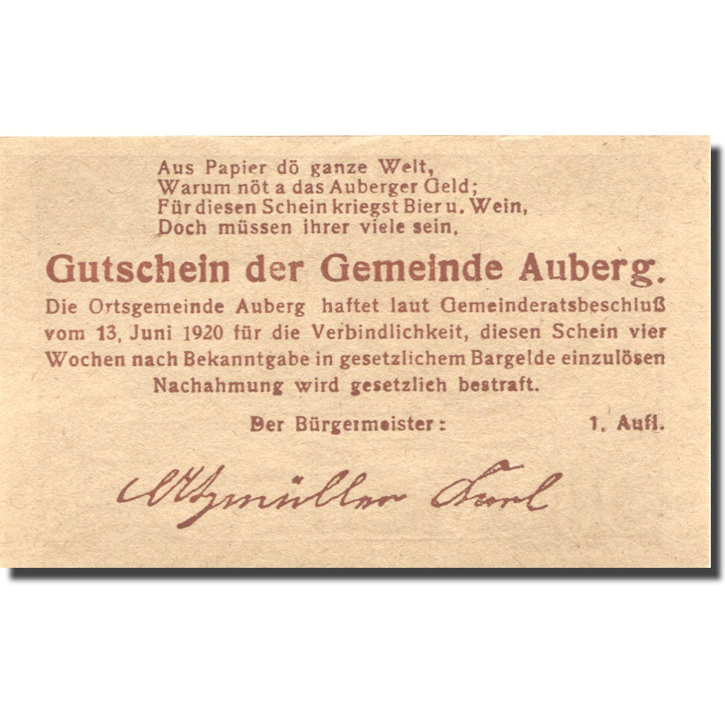 Banconote, Austria, Auberg, 50 Heller, village 1920-06-13, SPL Mehl:FS 66aD