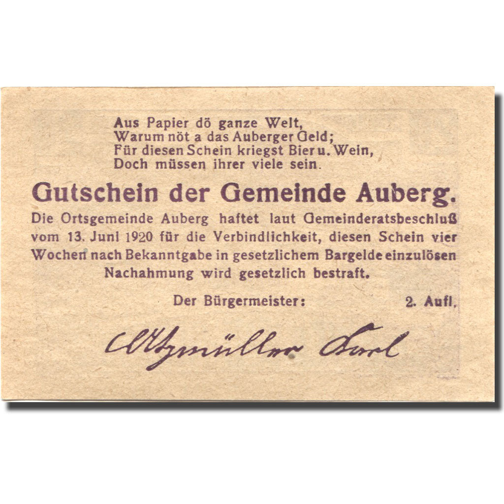 Geldschein, Österreich, Auberg, 20 Heller, Eglise, 1920 UNZ- Mehl:FS 66bB