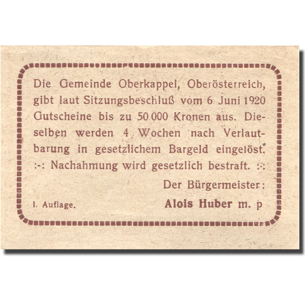 Geldschein, Österreich, Oberkappel, 10 Heller, village, 1920 UNZ- Mehl:FS 684a