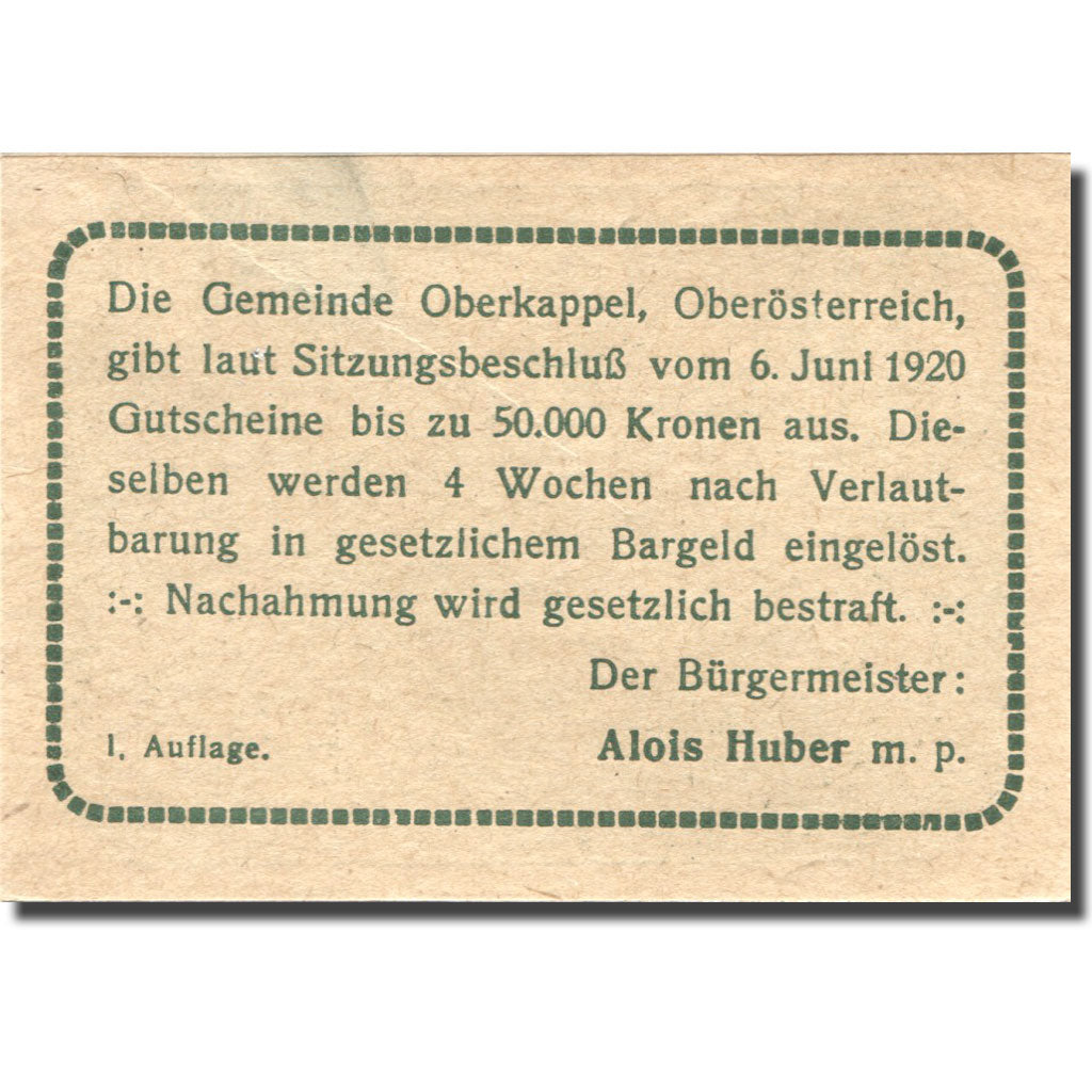 Banconote, Austria, Oberkappel, 20 Heller, village, 1920 SPL Mehl:FS 684a