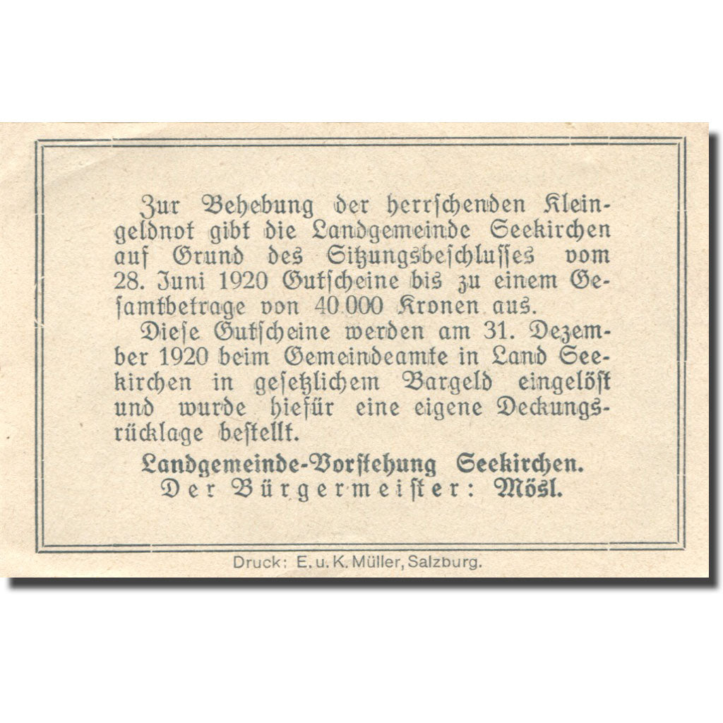 Banconote, Austria, Seekirchen, 20 Heller, village, 1920 SPL Mehl:FS 986a