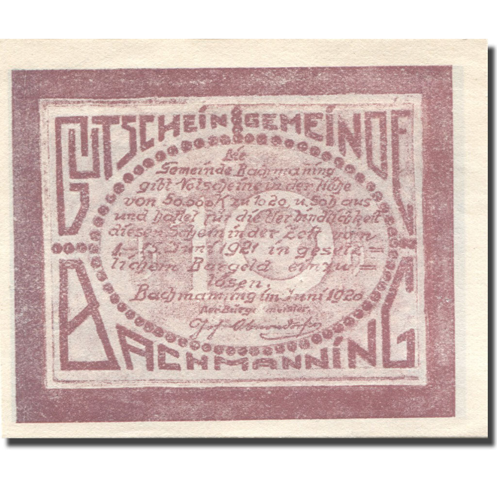 Banconote, Austria, Bachmanning, 10 Heller, village, 1921 SPL Mehl:FS 721a