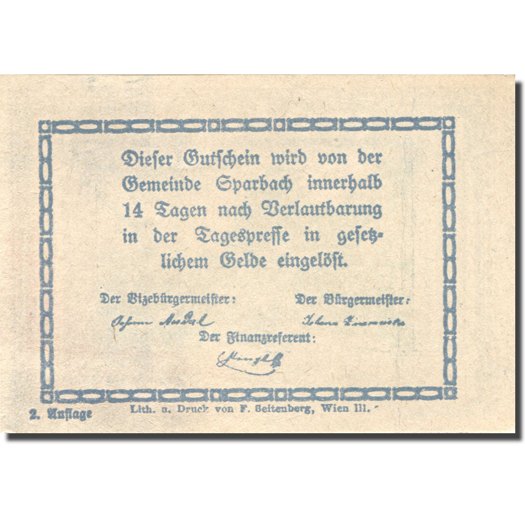 Banconote, Austria, Sparbach N'.O, 10 Heller, village, SPL, Mehl:FS 1006e