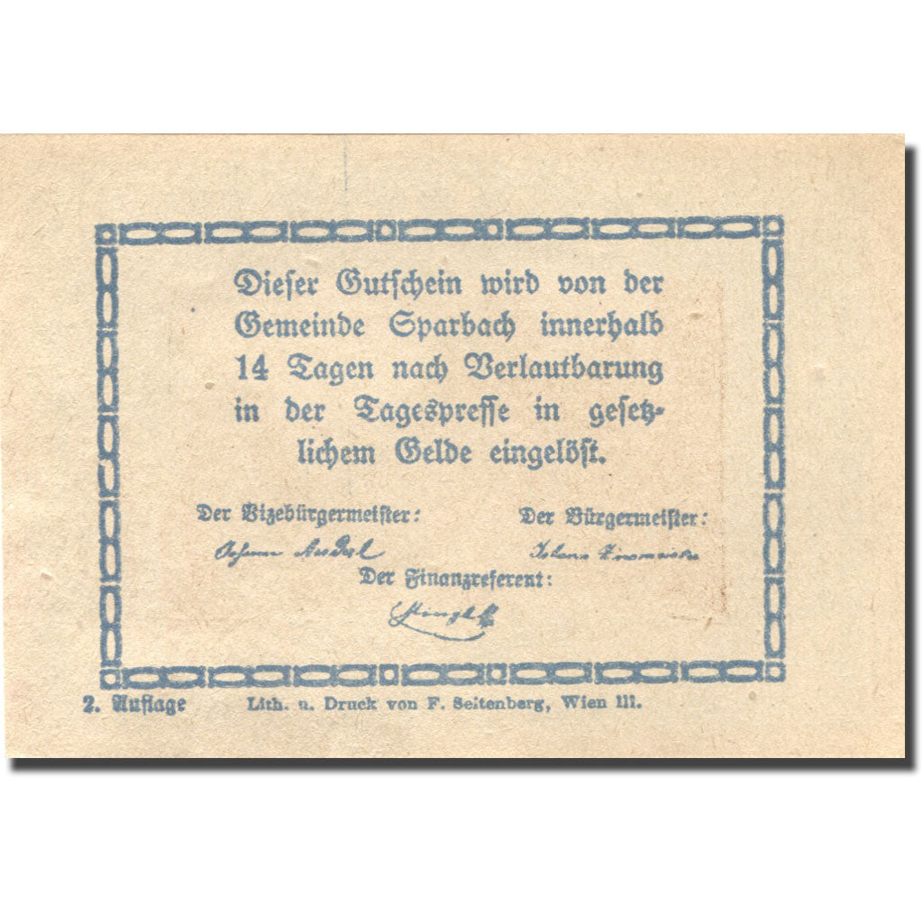 Billet, Autriche, Sparbach N'.O, 20 Heller, village 1, SPL, Mehl:FS 1006e