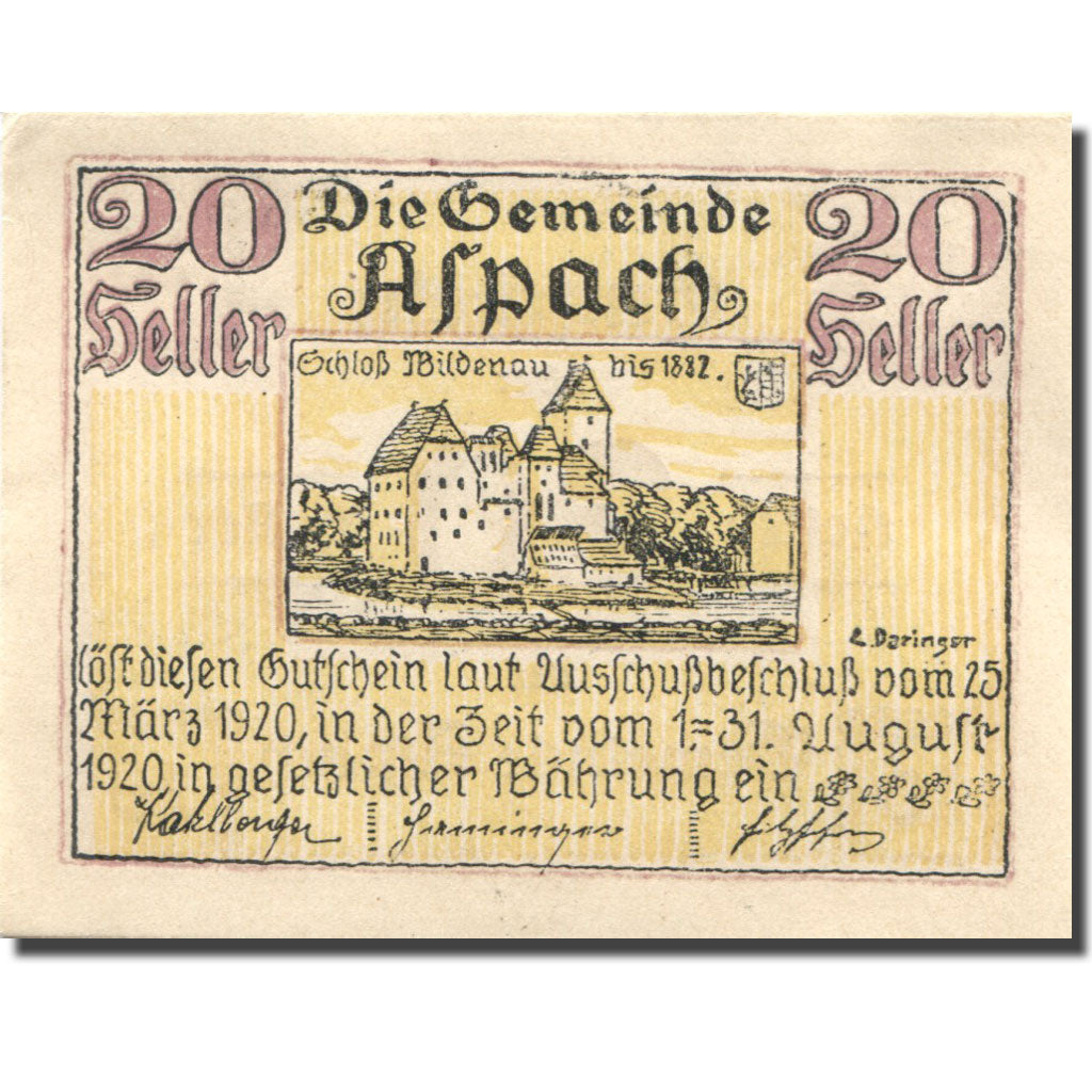 Banconote, Austria, Aspach, 20 Heller, château 1920-08-31, SPL Mehl:FS 57e