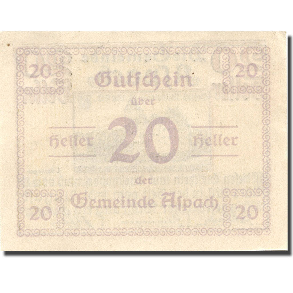 Banconote, Austria, Aspach, 20 Heller, château 1920-08-31, SPL Mehl:FS 57e