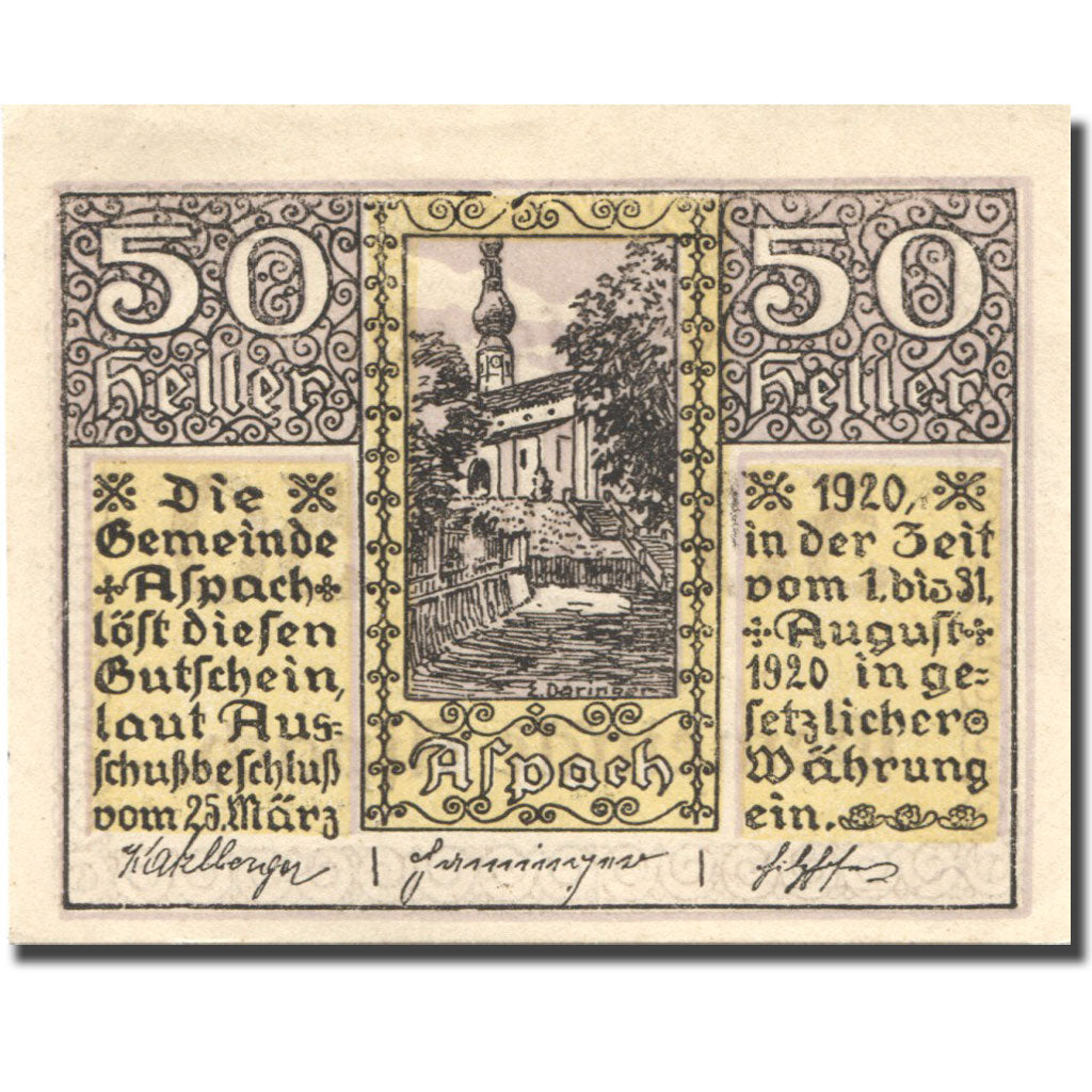 Geldschein, Österreich, Aspach, 50 Heller, Eglise, 1920 UNZ- Mehl:FS 57e