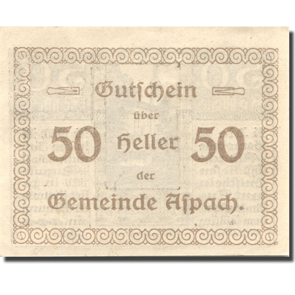 Geldschein, Österreich, Aspach, 50 Heller, Eglise, 1920 UNZ- Mehl:FS 57e