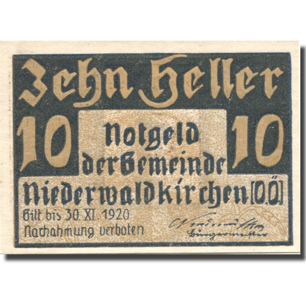 Banconote, Austria, Niederwaldkirchen, 10 Heller, Monument, 1920 SPL Mehl:FS673a