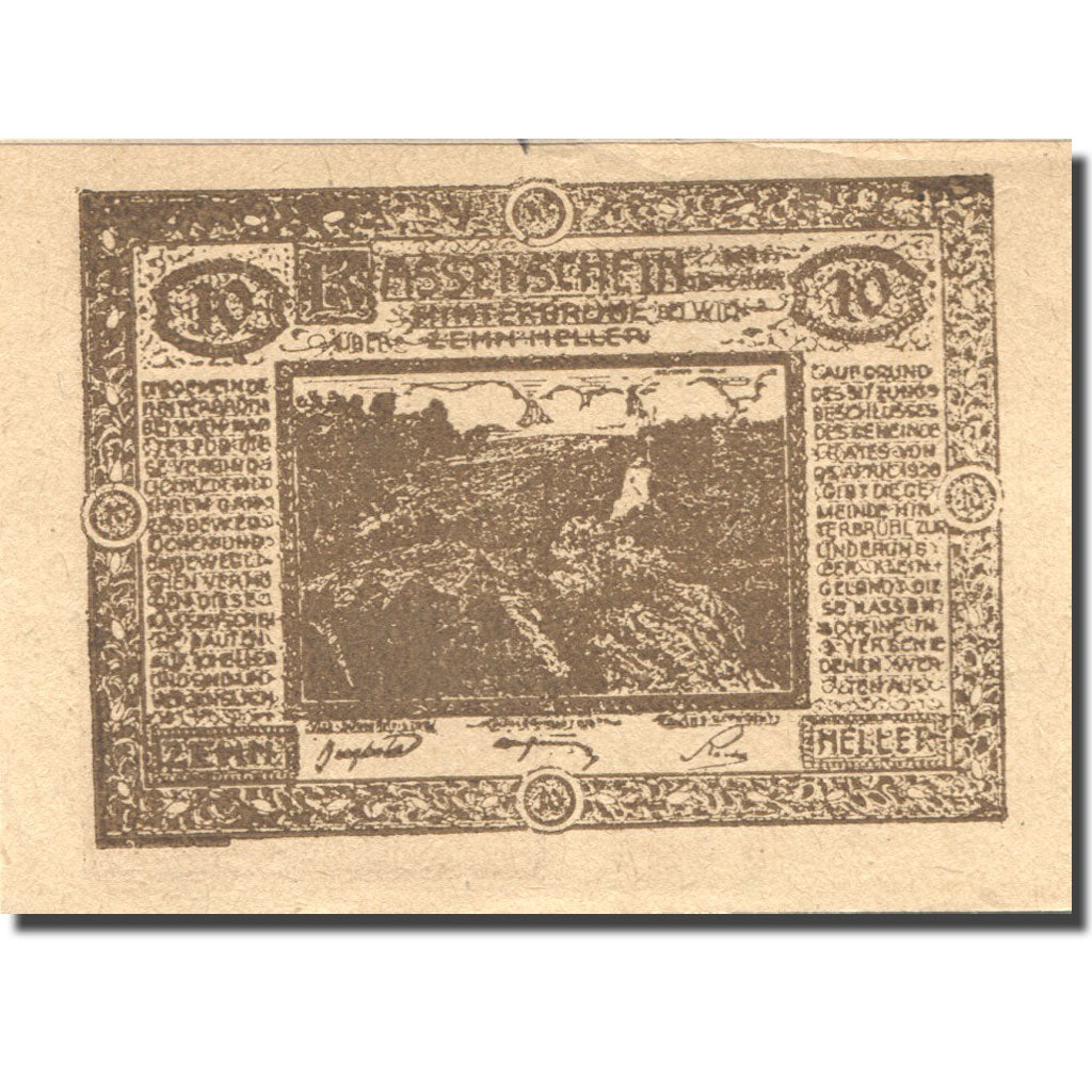 Banconote, Austria, Hinterbrühl, 10 Heller, ruine, 1920 SPL- Mehl:FS 376Ia