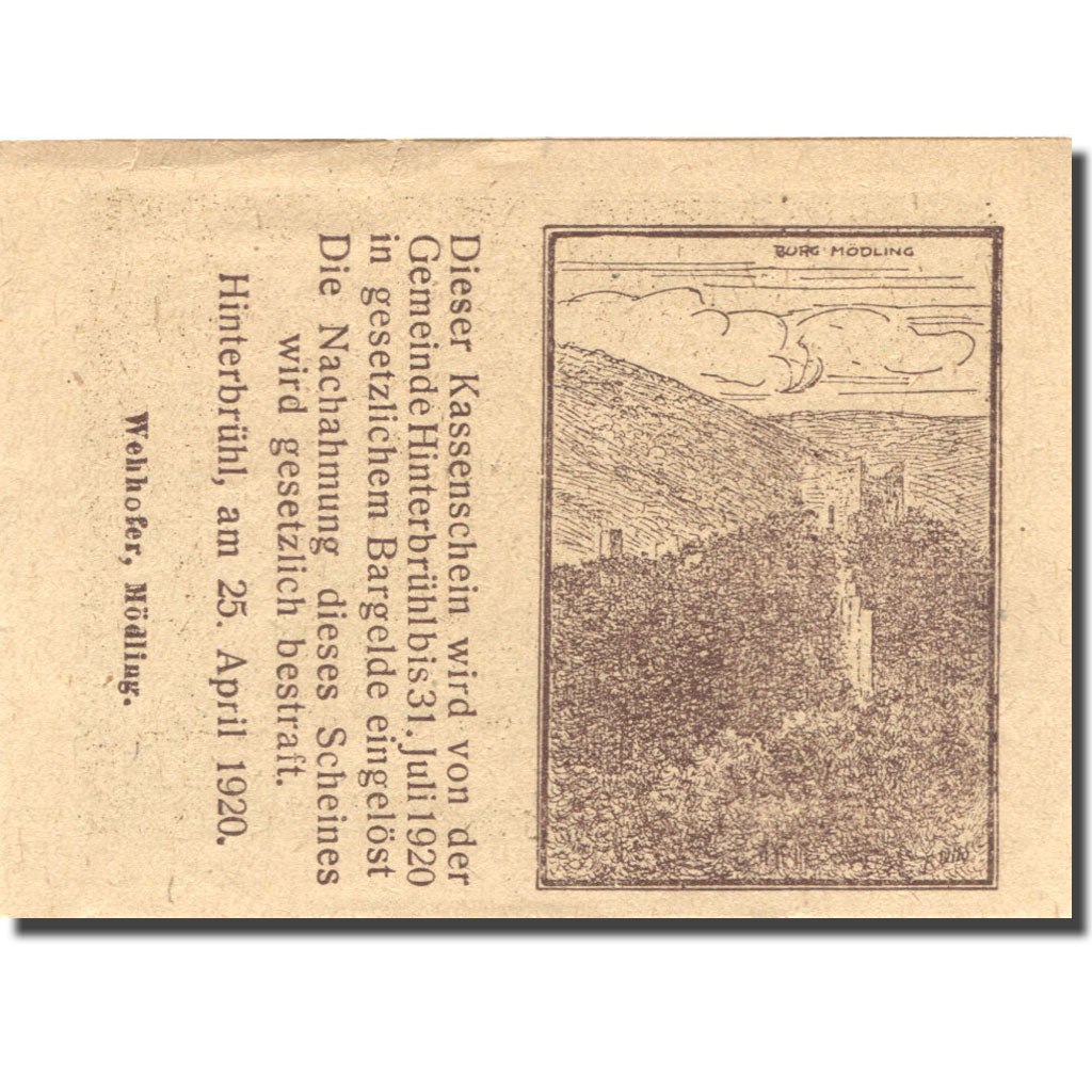 Banconote, Austria, Hinterbrühl, 10 Heller, ruine, 1920 SPL- Mehl:FS 376Ia