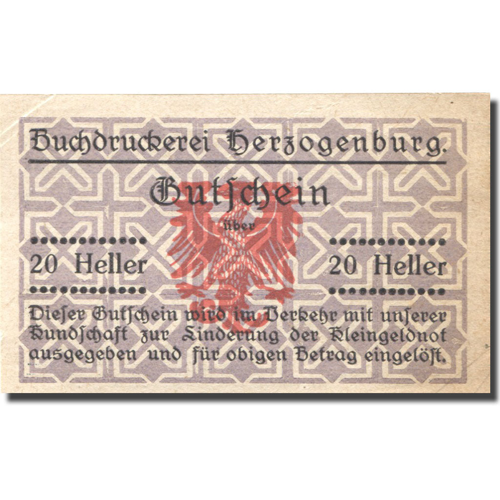 Billet, Autriche, Herzogenburg, 20 Heller, Blason, SUP, Mehl:FS 369