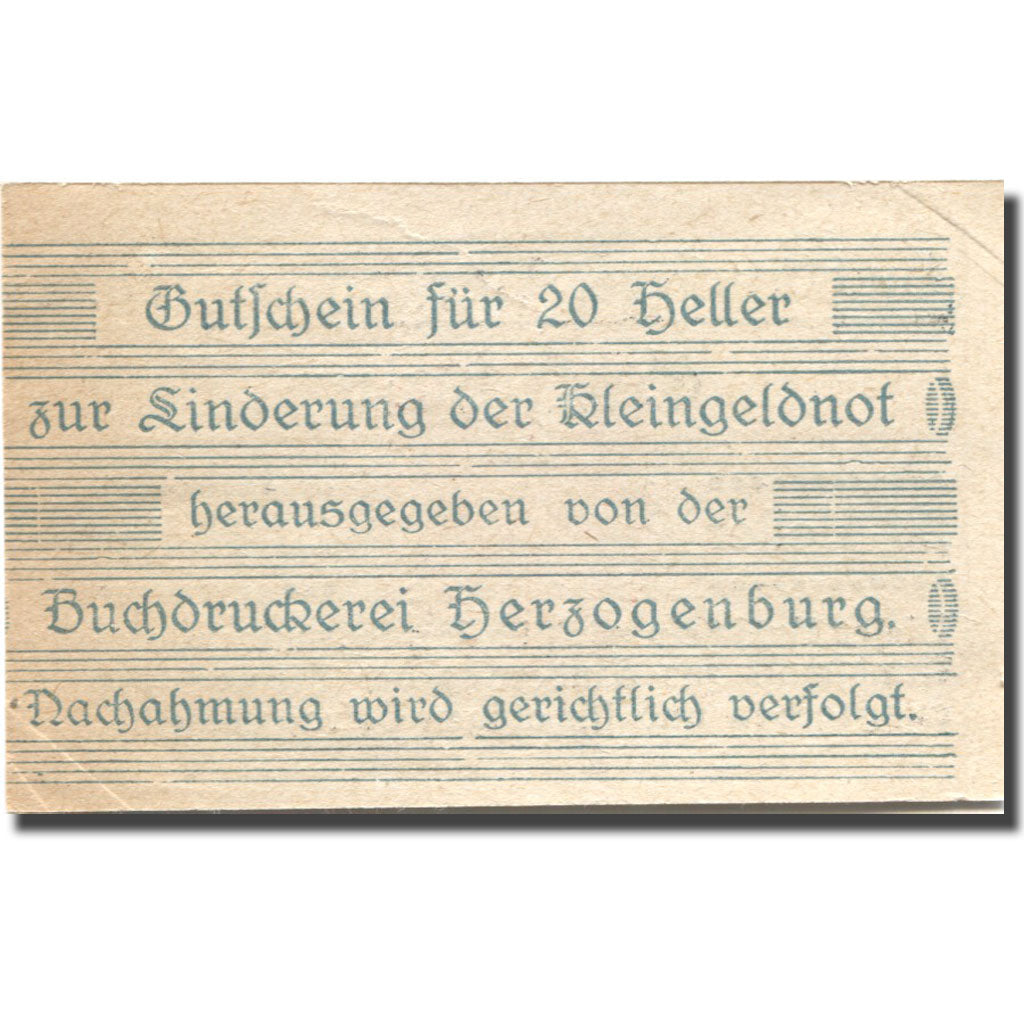 Billet, Autriche, Herzogenburg, 20 Heller, Blason, SUP, Mehl:FS 369