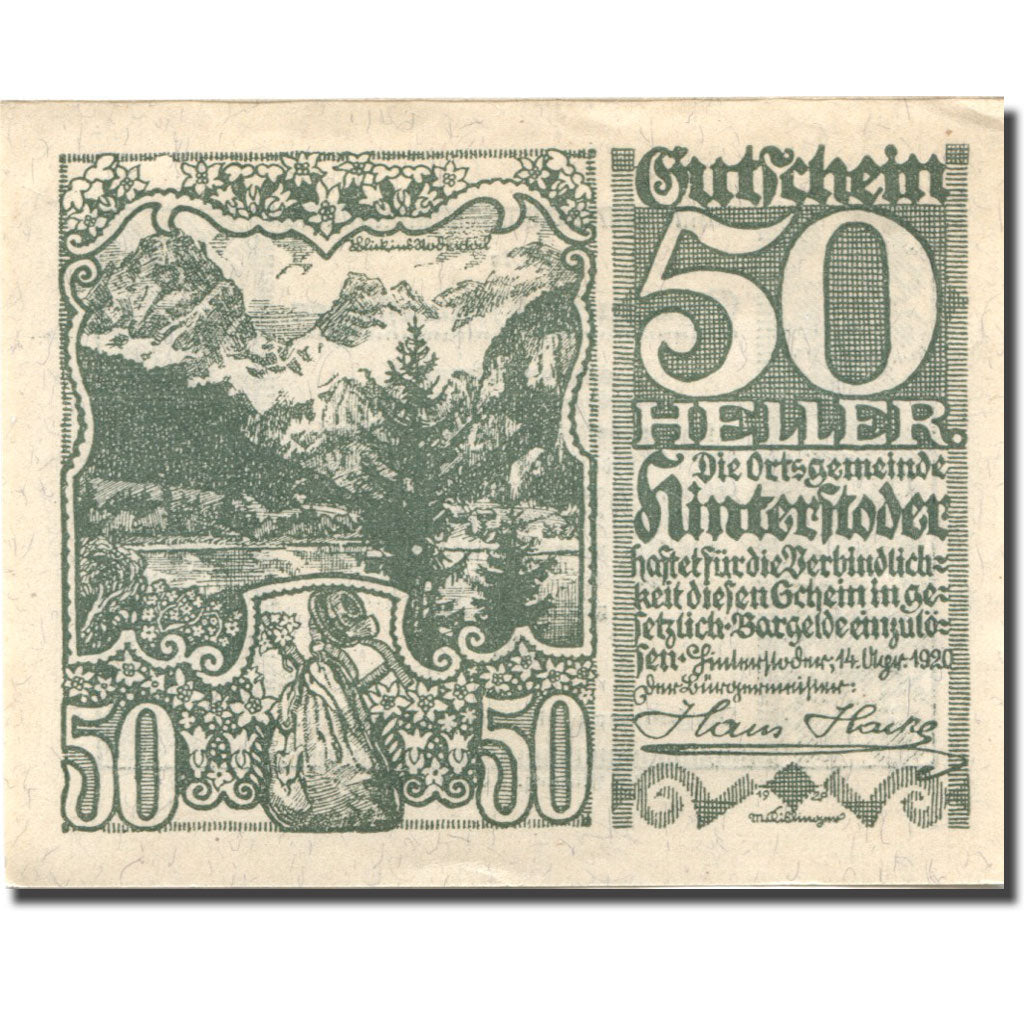 Billete, Austria, Hinterstoder, 50 Heller, montagne, 1920 EBC+ Mehl:FS 377a