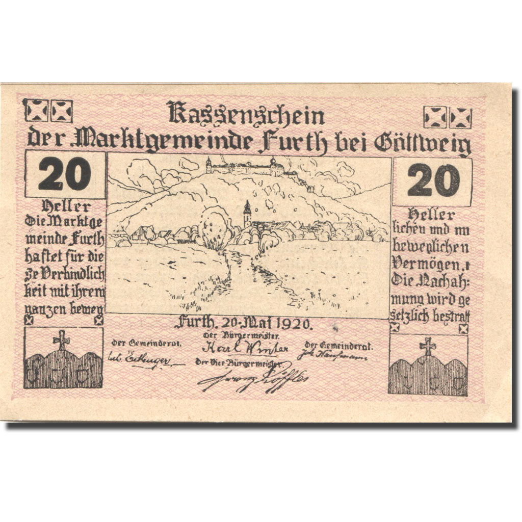 Geldschein, Österreich, Furth, 20 Heller, château, 1920 UNZ- Mehl:FS 214c