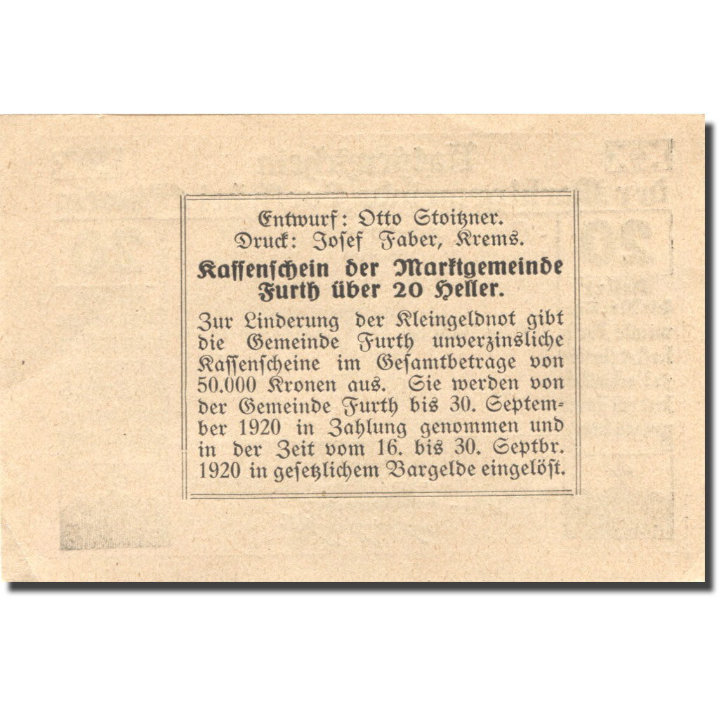 Geldschein, Österreich, Furth, 20 Heller, château, 1920 UNZ- Mehl:FS 214c