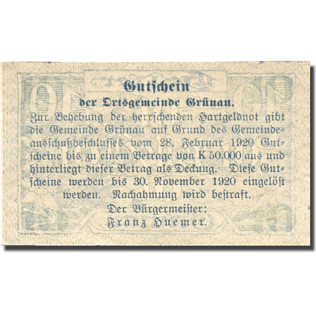 Geldschein, Österreich, Grünau, 10 Heller, montagne, 1920 UNZ- Mehl:FS 300b
