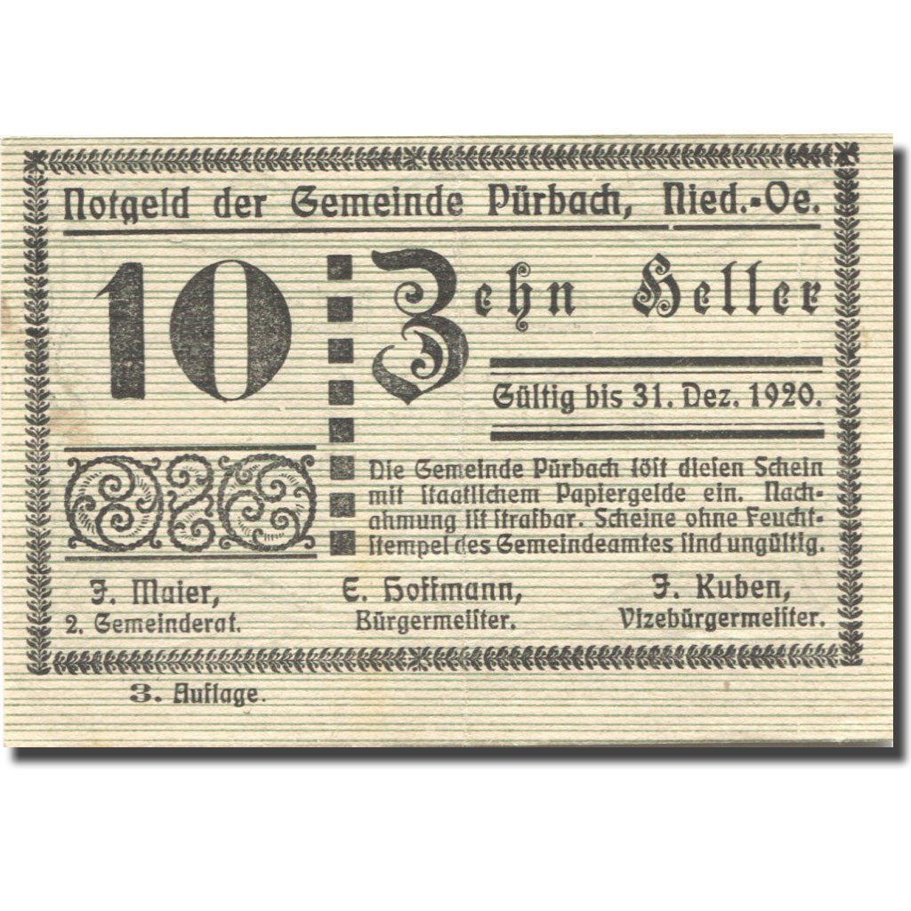 Billet, Autriche, Pürbach, 10 Heller, valeur faciale, 1920 TTB Mehl:FS793IIIb