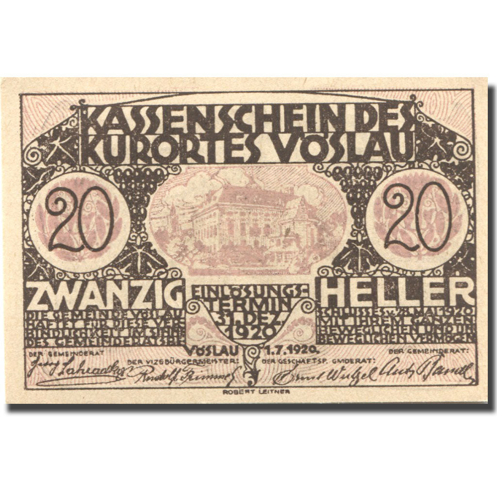 Geldschein, Österreich, Vöslau, 20 Heller, château, 1920 UNZ- Mehl:FS 1121IIa