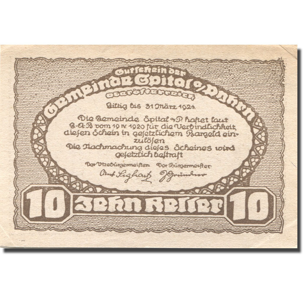 Banknot, Austria, Spital am Pyhrn, 10 Heller, village, 1921, 1921-03-31
