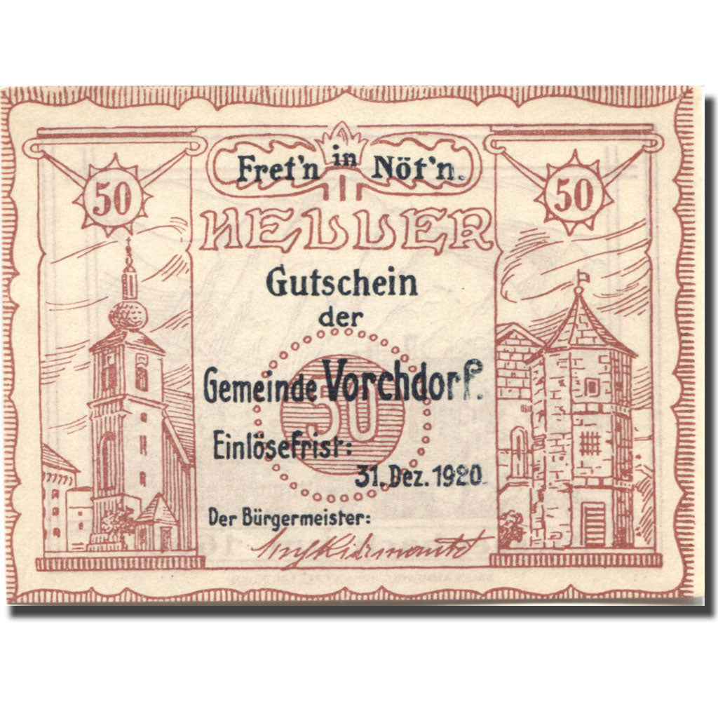Geldschein, Österreich, Vorchdorf, 50 Heller, château, 1920 UNZ- Mehl:FS 1119a