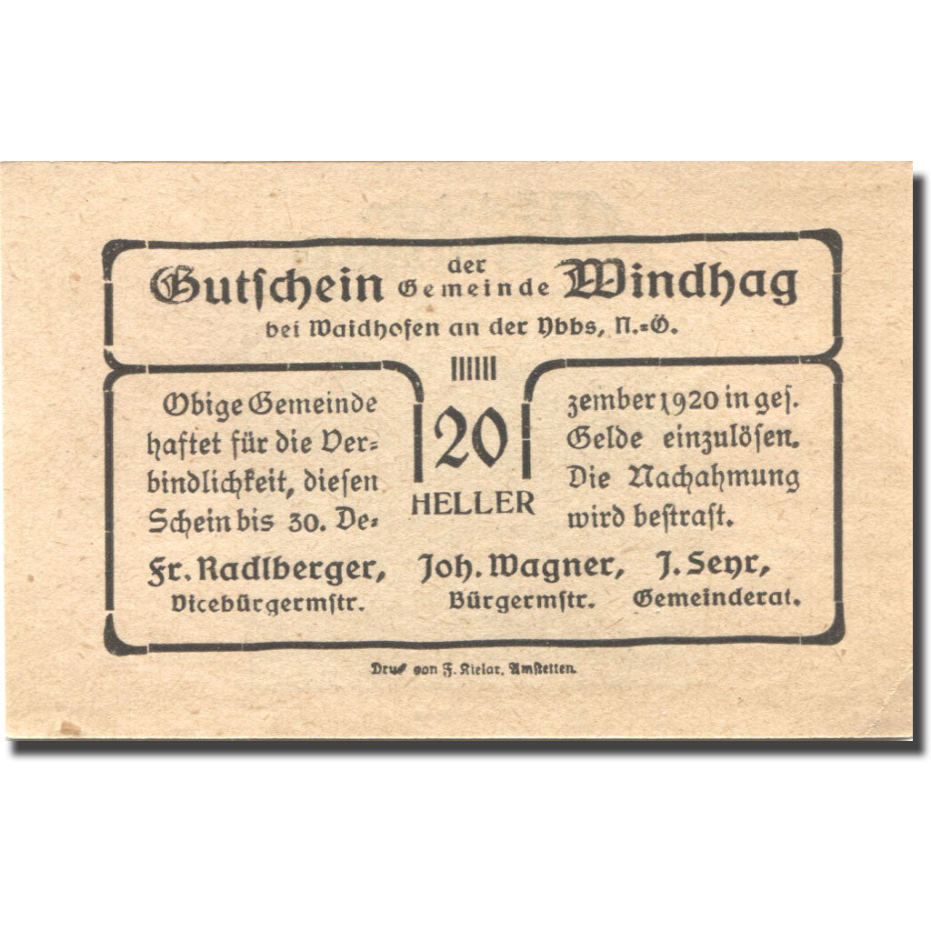 Banconote, Austria, Windhag, 20 Heller, paysage 1920-12-30, SPL Mehl:FS 1244e
