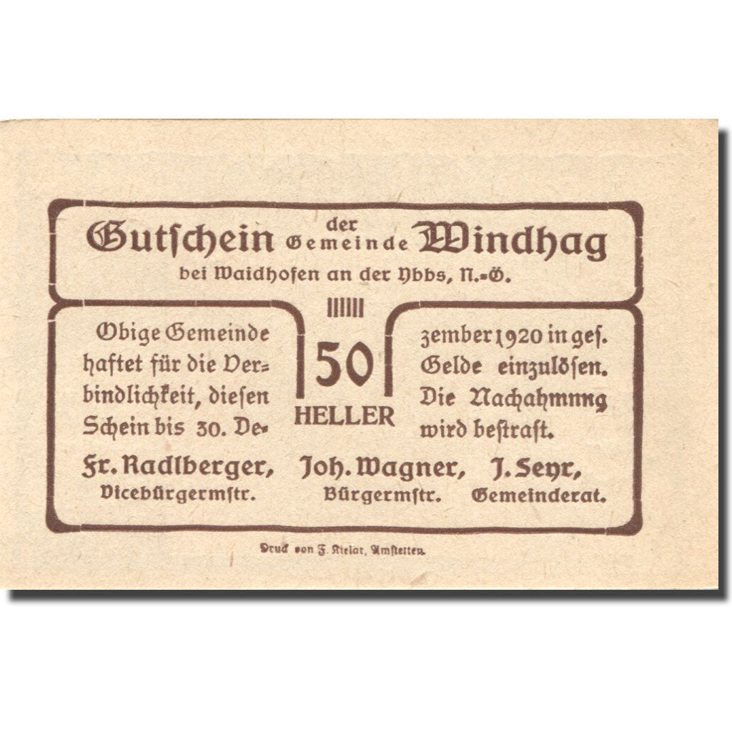 Geldschein, Österreich, Windhag, 50 Heller, village, 1920 UNZ- Mehl:FS 1244e