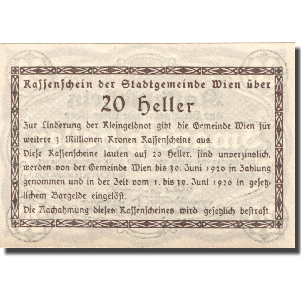Billete, Austria, Vienne, 20 Heller, valeur faciale, 1920 SC Mehl:FS 1183IIc