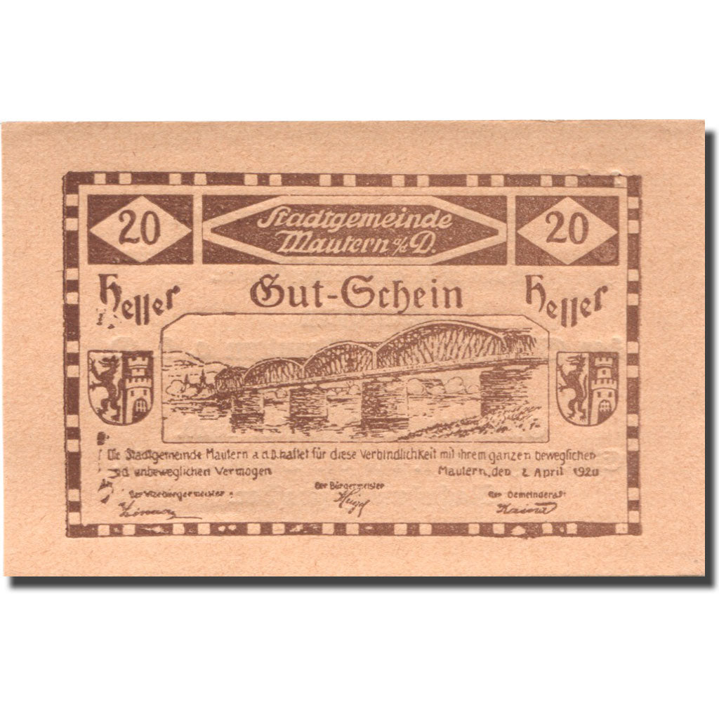 Geldschein, Österreich, Mautern a/d Donau 20Heller pont, 1920 UNZ Mehl:FS600IId2