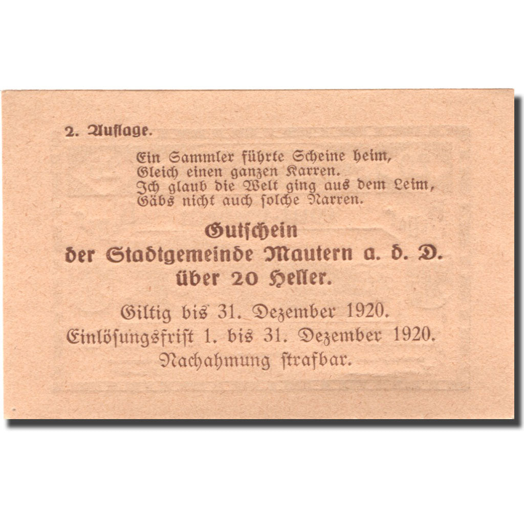 Geldschein, Österreich, Mautern a/d Donau 20Heller pont, 1920 UNZ Mehl:FS600IId2