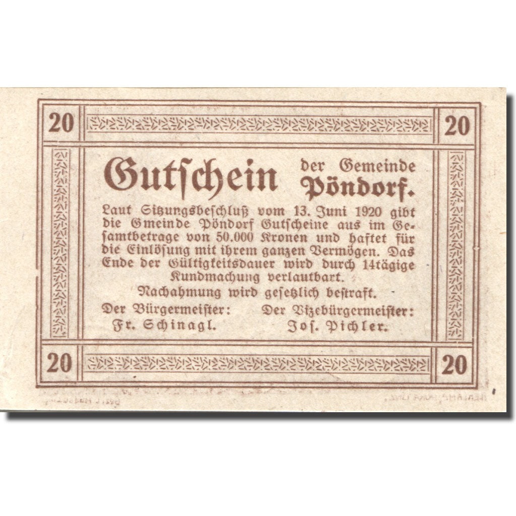 Banconote, Austria, Pöndorf, 20 Heller, Animaux 1920-06-13, SPL Mehl:FS 757d