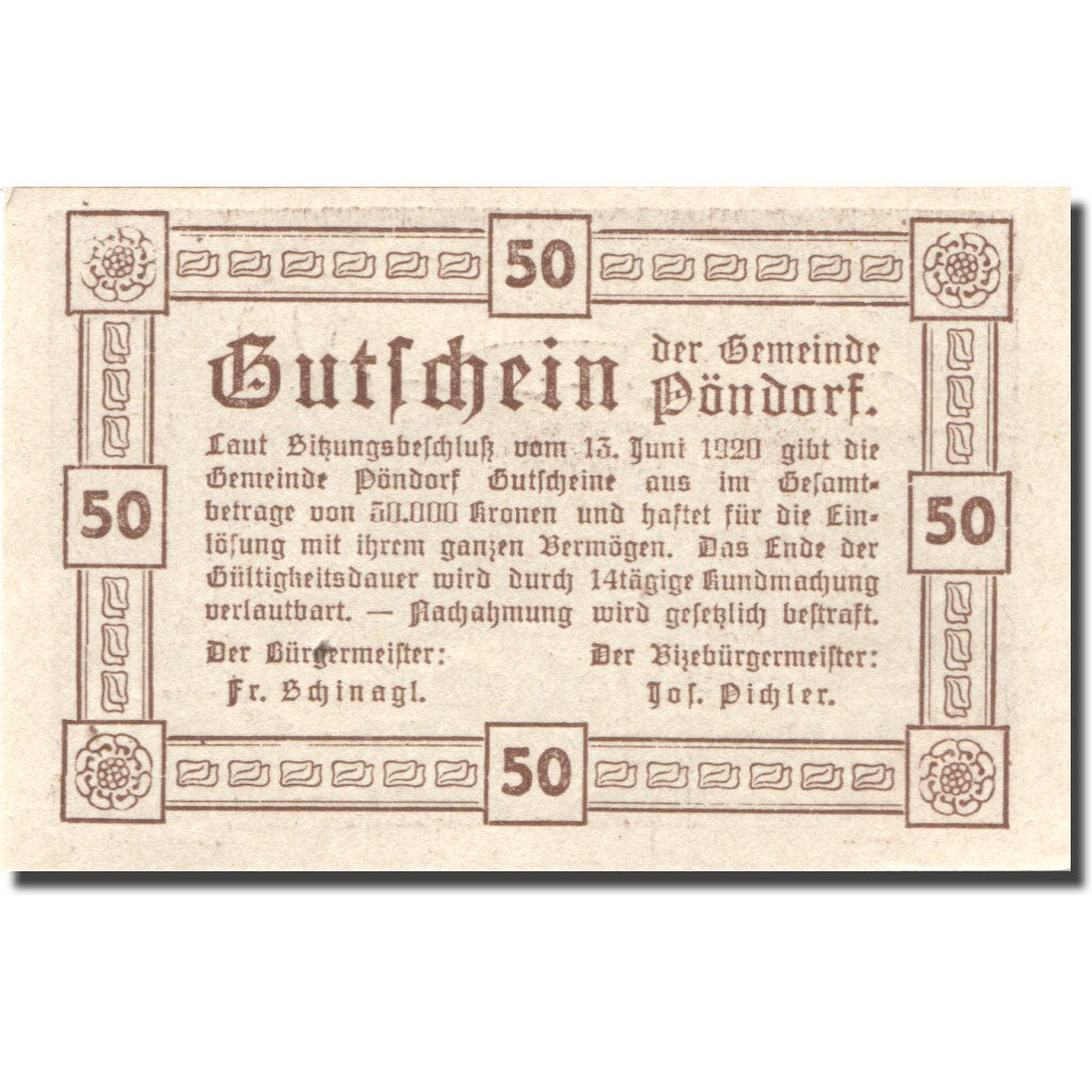 Banconote, Austria, Pöndorf, 50 Heller, village 1920-06-13, SPL Mehl:FS 757d