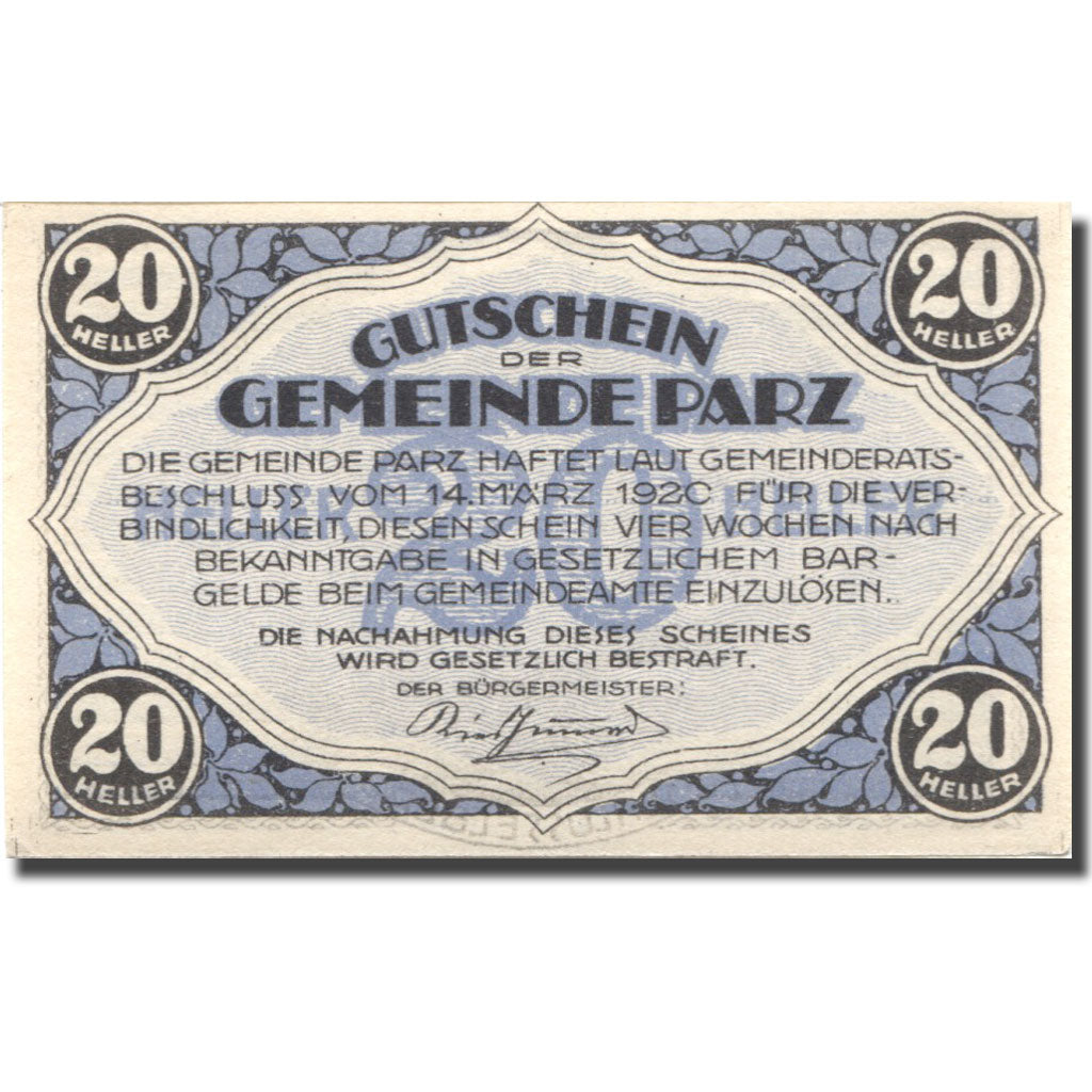 Geldschein, Österreich, Parz, 20 Heller, manoir, 1920 UNZ- Mehl:FS 721a