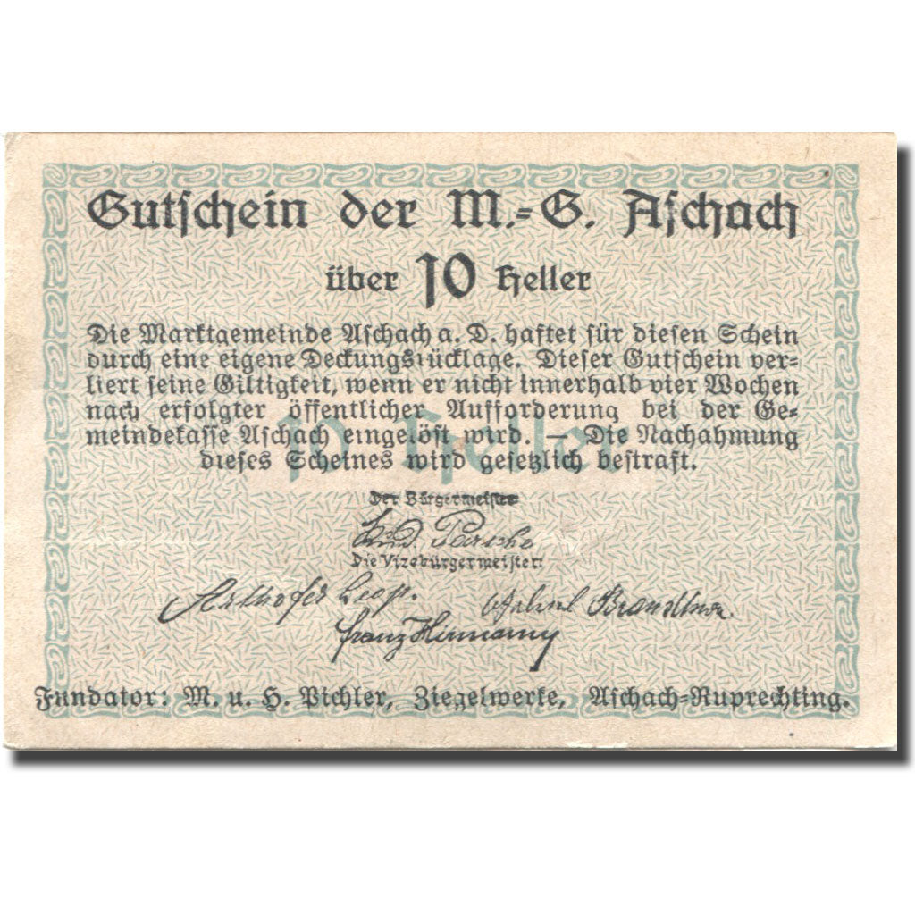 Banconote, Austria, Aschach a/d Donau 10Heller Blason, SPL Mehl:FS 53IIb01