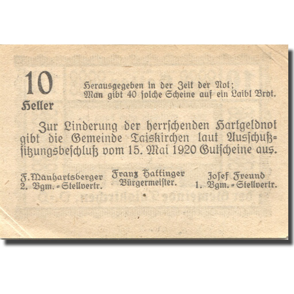 Banknote Austria Taiskirchen 10Heller valeur faciale 1920 UNC(60-62) Mehl:FS1055