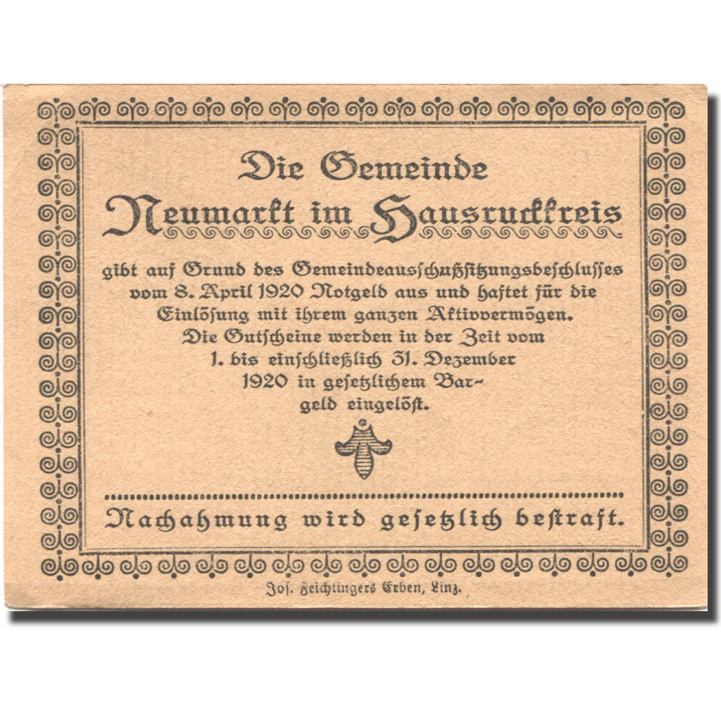 Banconote, Austria, Neumarkt, 10 Heller, château, 1920 SPL Mehl:FS 662a