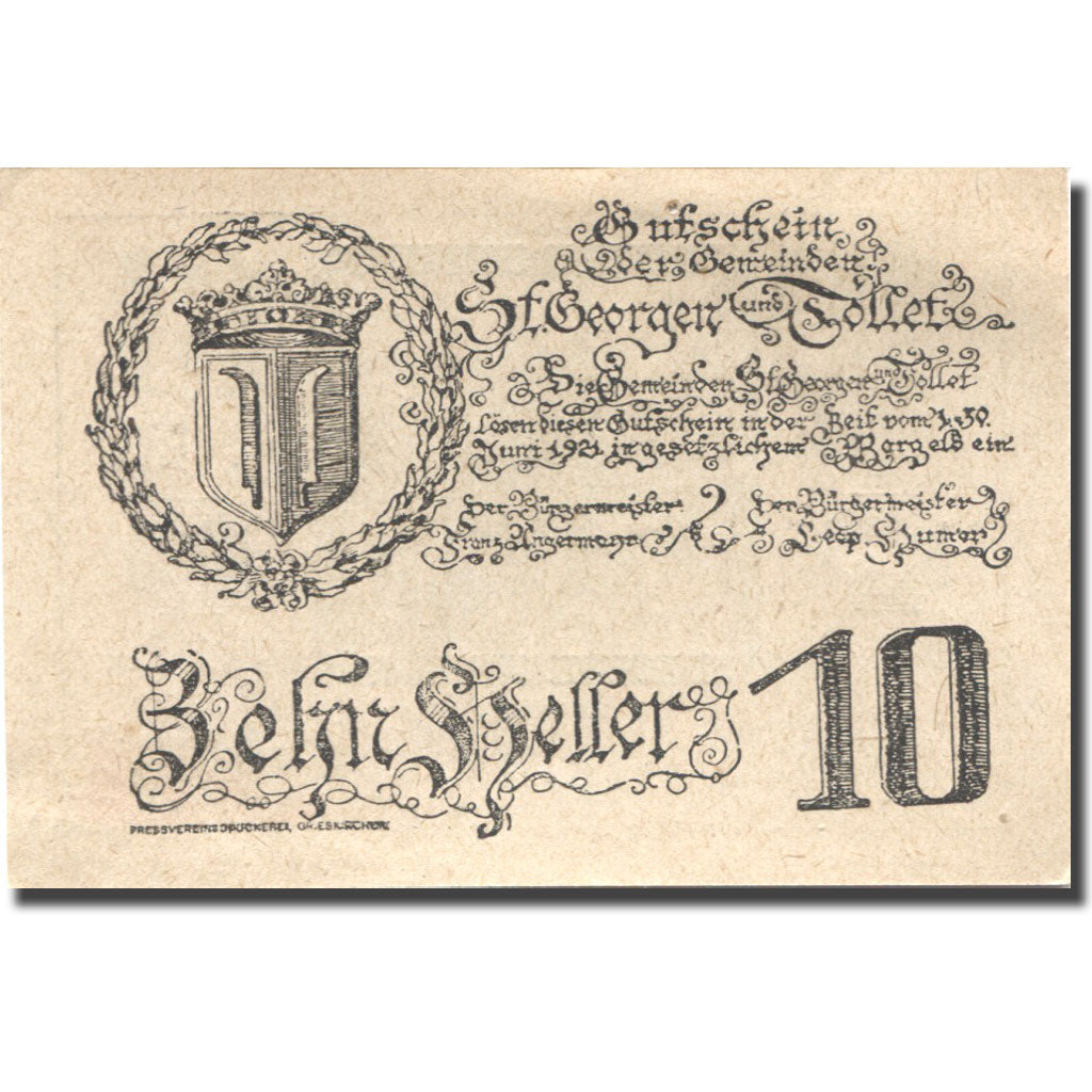 Banconote, Austria, St Georgen, 10 Heller, Blason, 1921 SPL Mehl:FS 890