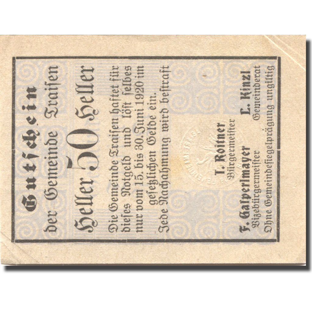 Billet, Autriche, Traisen 50Heller, valeur faciale, 1920 bleu SPL Mehl:FS 1076Ib