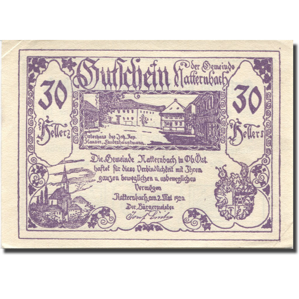 Banconote, Austria, Natternbach, 30 Heller, village, 1920 SPL Mehl:FS 643Ia