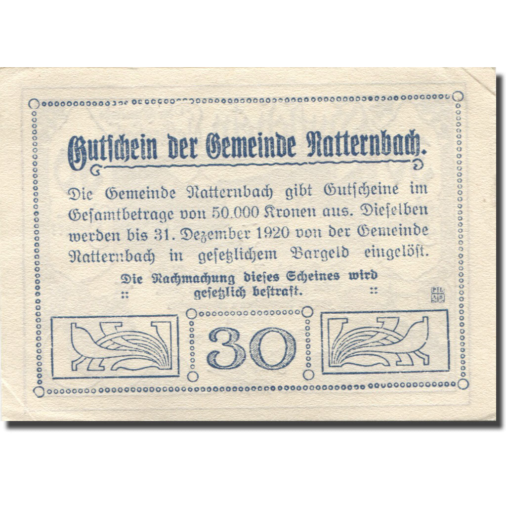 Banconote, Austria, Natternbach, 30 Heller, village, 1920 SPL Mehl:FS 643Ia