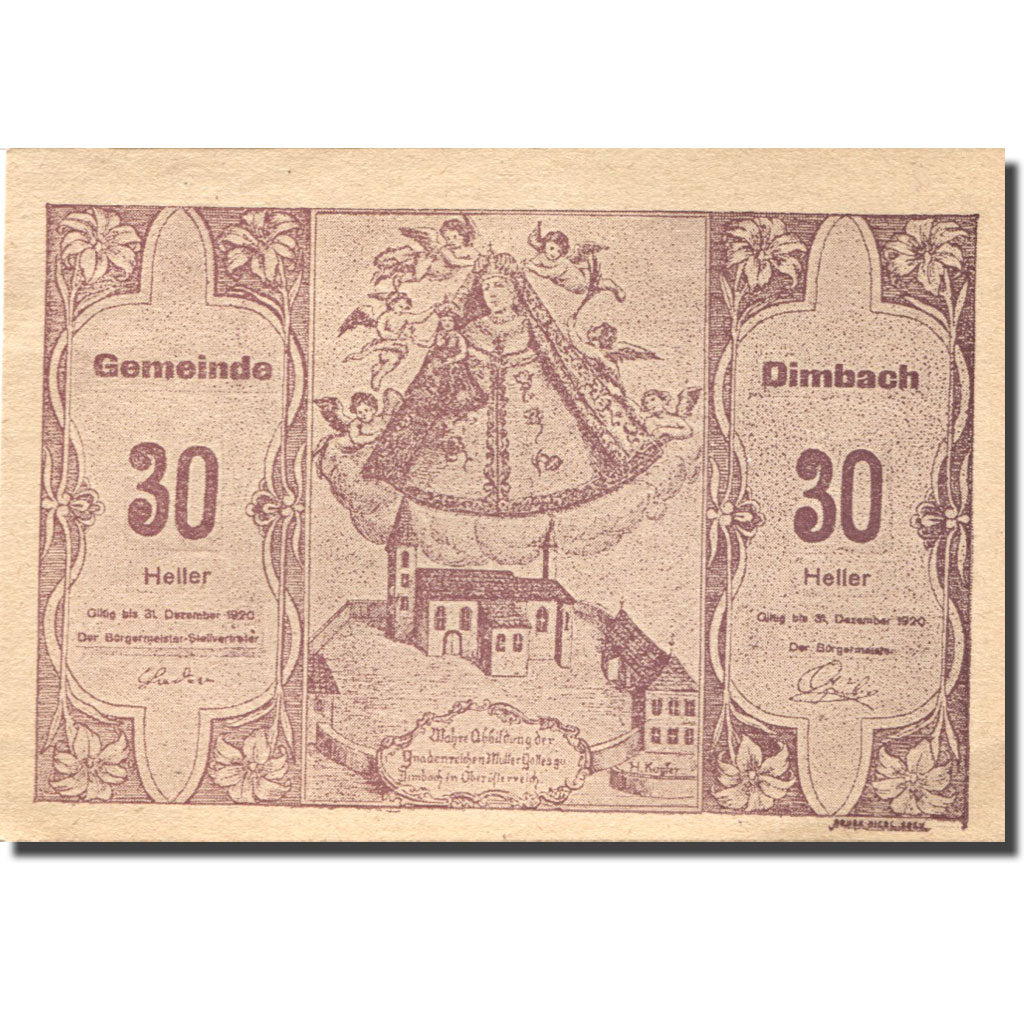 Banconote, Austria, Dimbach, 30 Heller, Eglise 1920-12-31, SPL  Mehl:FS 125a