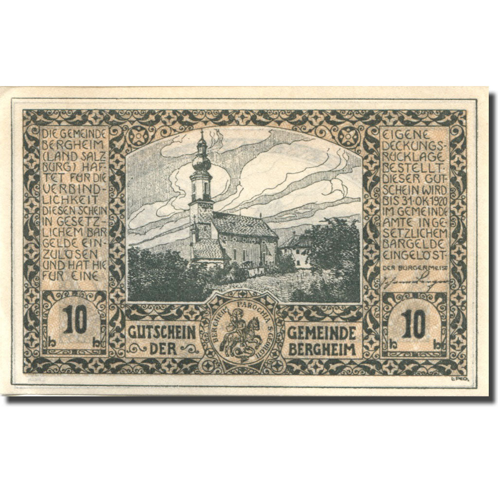 Banconote, Austria, Bengheim, 10 Heller, Eglise 1920-10-31, SPL Mehl:FS 821a