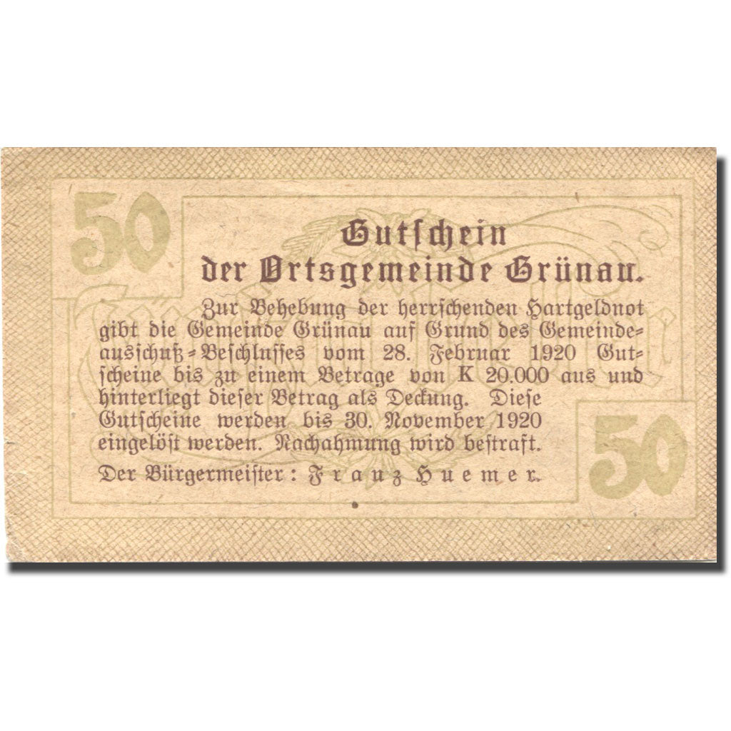 Banconote, Austria, Grünau, 50 Heller, ferme 1920-11-31, SPL- Mehl:FS 300a
