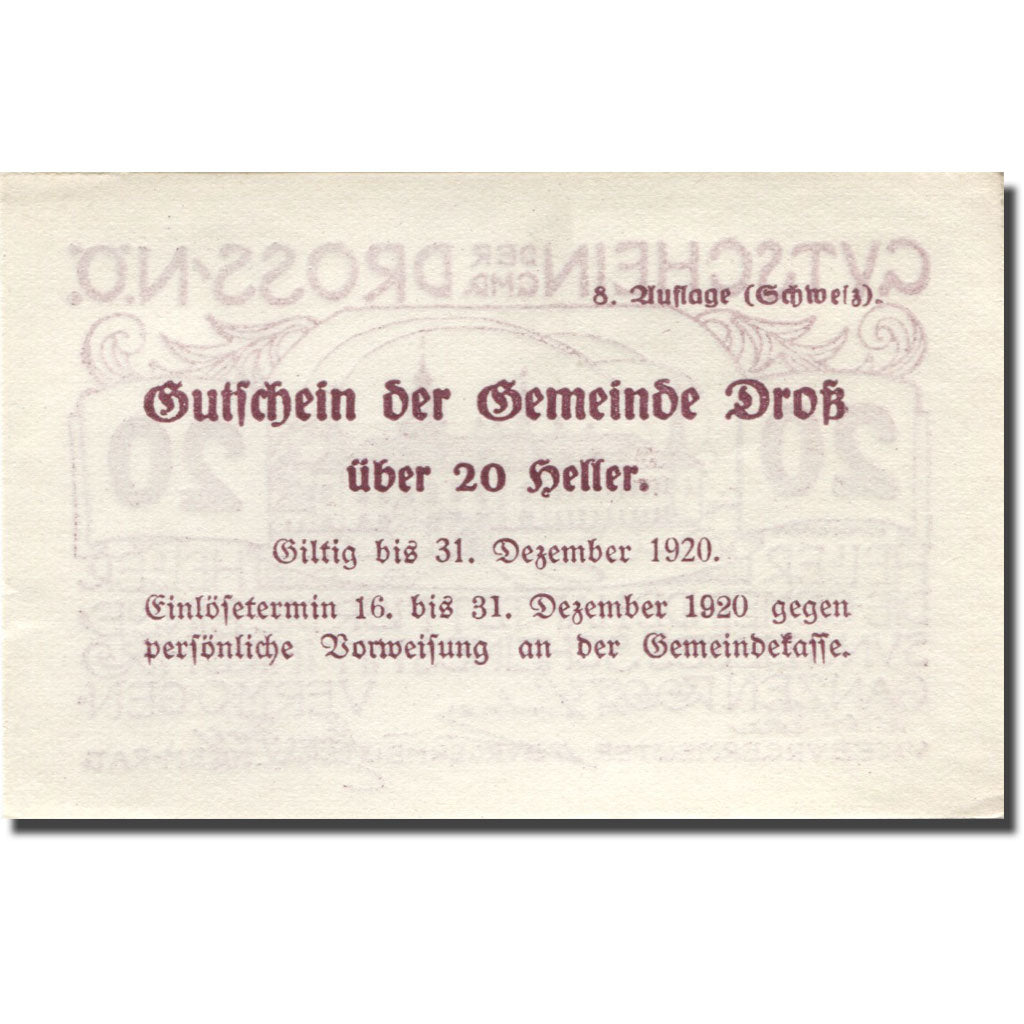 Banconote, Austria, Dross, 20 Heller, château 1920-12-31, SPL Mehl:FS 135.2