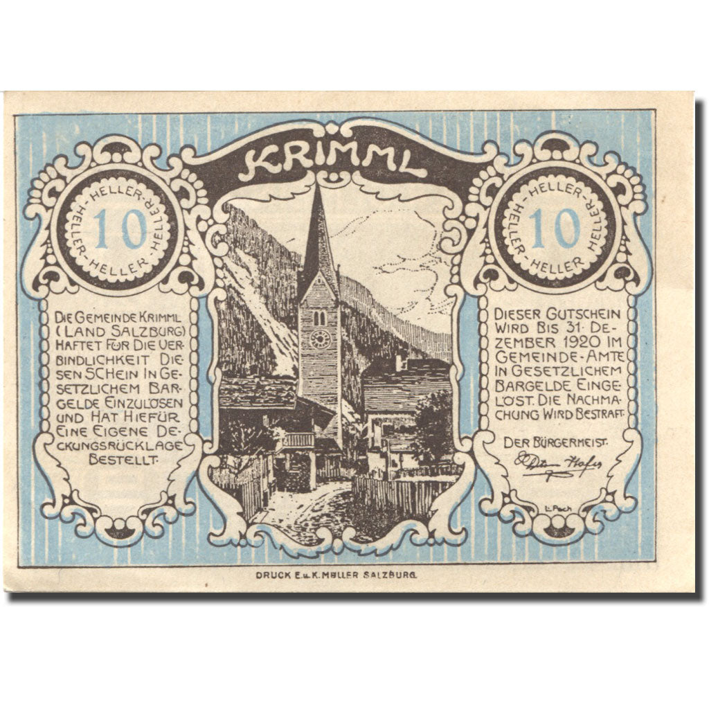 Billet, Autriche, Krimml, 10 Heller, Eglise, 1920, 1920-12-31, SPL, Mehl:FS 483a
