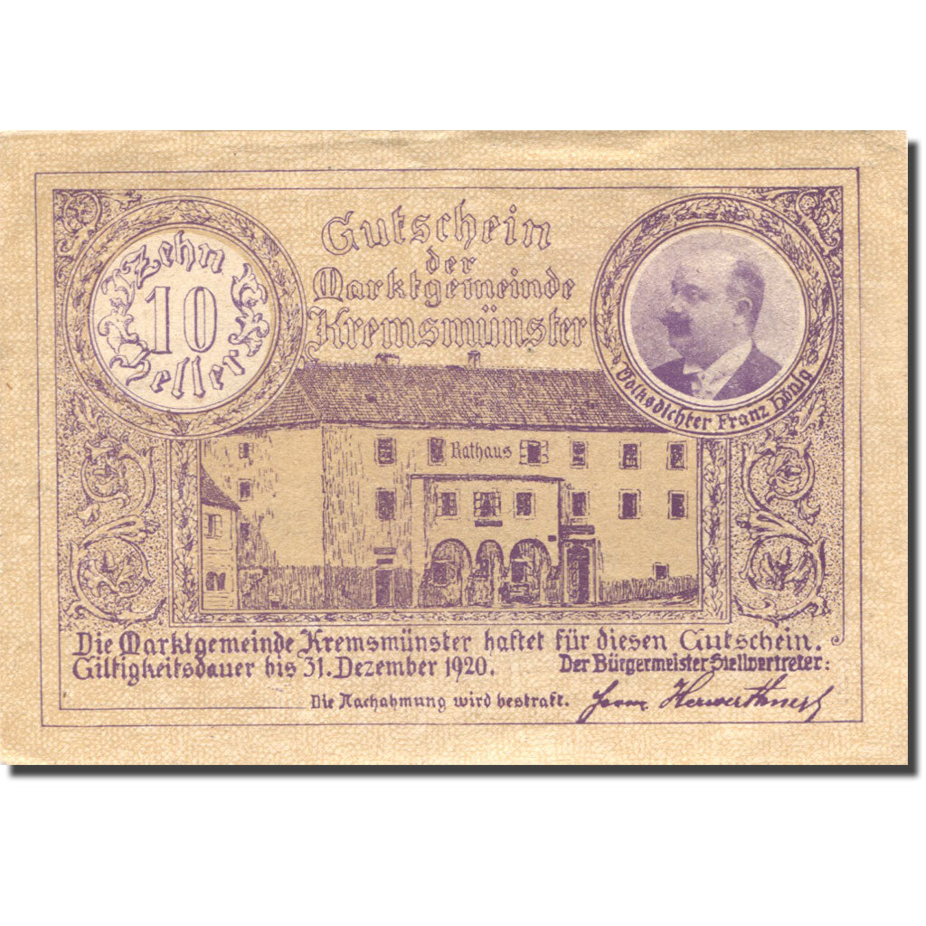 Billet, Autriche, Kremsmunster, 10 Heller, mairie, 1920,  SUP Mehl:FS 476II