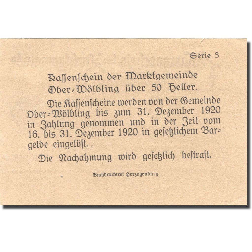 Banconote, Austria, Wölbling, 50 Heller, château, 1920 SPL  Mehl:FS 698h